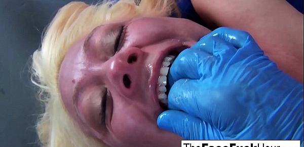  Cute blonde chick gets her face wrecked by two cocks